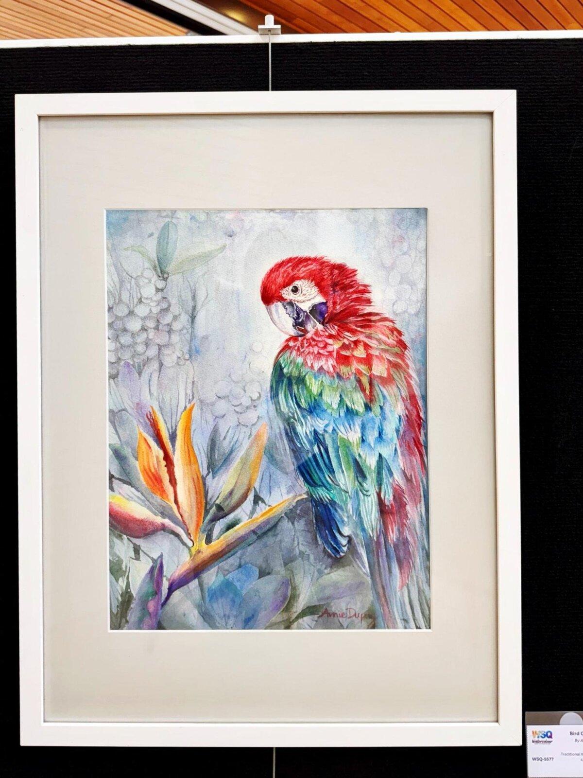A watercolour painting by Amie Dupuy called "Bird of Paradise" as part of a display by the Watercolour Society of Queensland in Brisbane, Australia on Sept. 11, 2025. (Daniel Y. Teng/The Epoch Times)