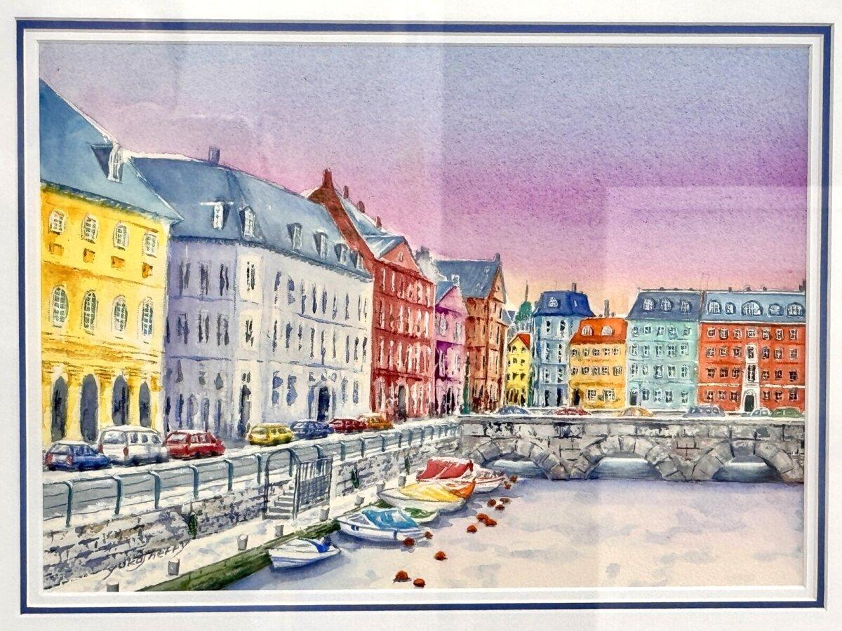 A watercolour painting by Yuko Sherry called "Palette of a Town" as part of a display by the Watercolour Society of Queensland in Brisbane, Australia on Sept. 11, 2025. (Daniel Y. Teng/The Epoch Times)