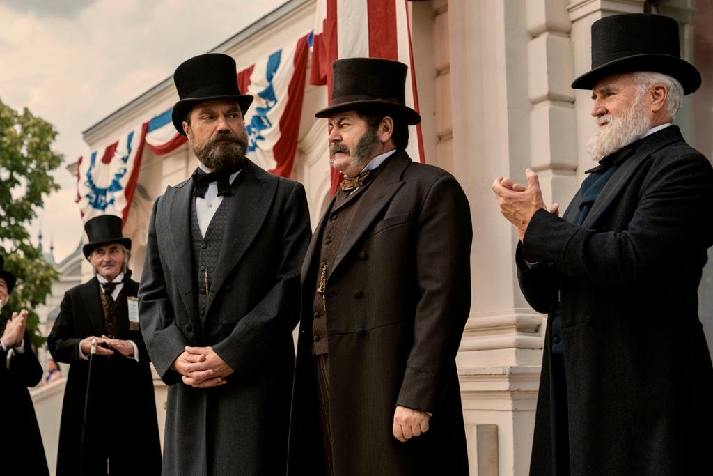 (L–R) James Garfield (Michael Shannon), Chester A. Arthur (Nick Offerman), and James Blaine (Bradley Whitford), in "Death by Lightning." (Larry Horricks/Netflix)