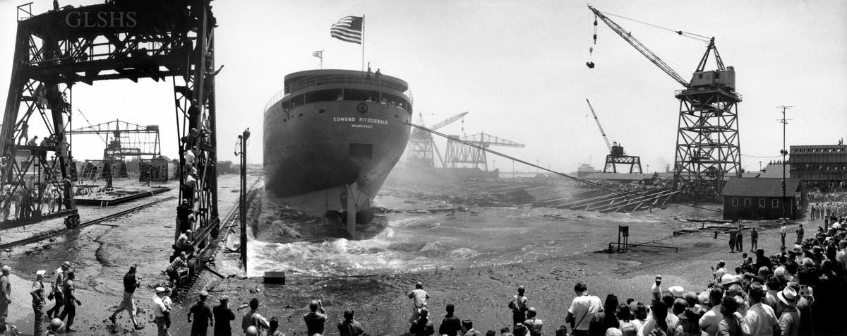 The Fitzgerald's launch at the Great Lakes Engineering Works (GLEW) shipyard on June 7, 1958, on the Detroit River in River Rouge, Michigan. (Great Lakes Shipwreck Museum)