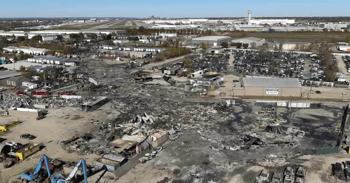 The National Transportation Safety Board released an aerial view of the UPS cargo plane crash scene in Louisville, Ky., on Nov. 7, 2025. (NTSB/YouTube)