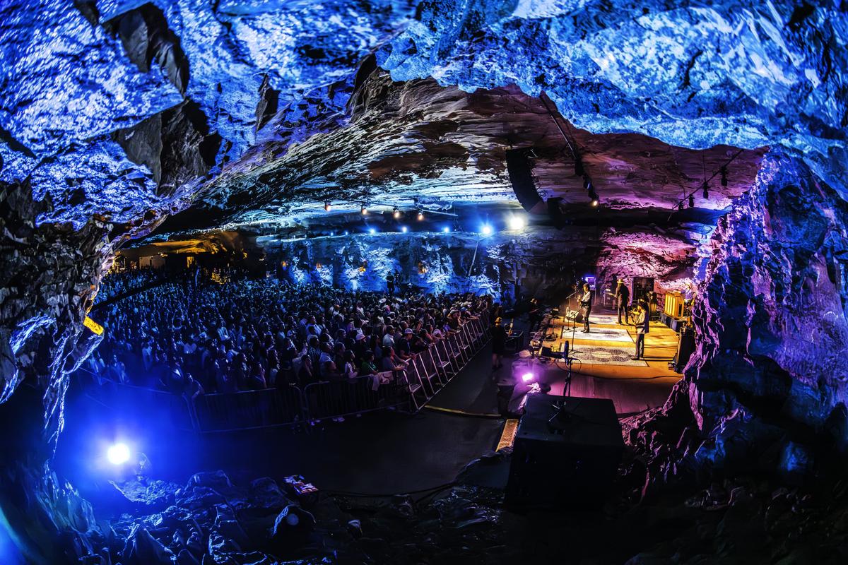 Blue and Purple lights illuminating The Caverns during a live, underground performance. (Keith Griner/The Caverns)