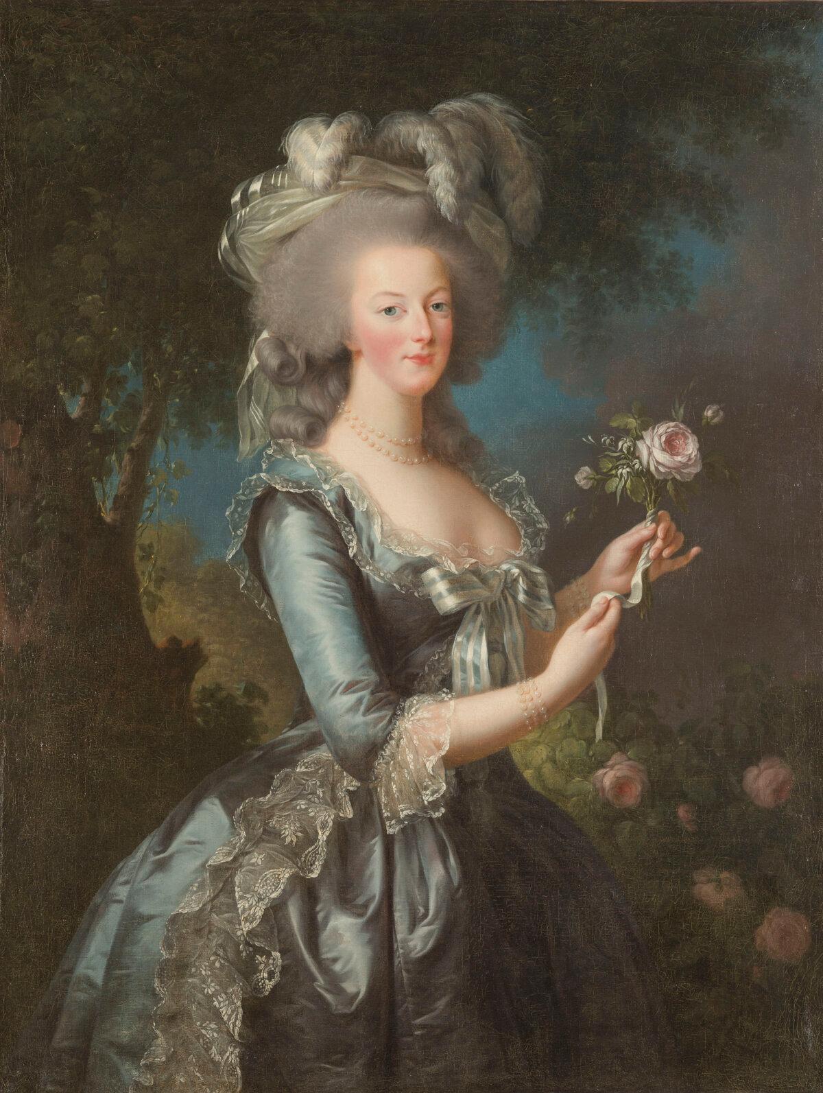 “Marie Antoinette With a Rose,” 1783, by Elisabeth Louise Vigée Le Brun. Oil on canvas; 46 inches by 35 inches. (Christophe Fouin/Copyright Château de Versailles, Dist. Grand Palais RMN)