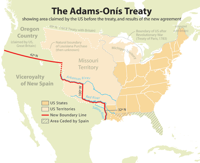 A map with the border drawn from the Adams-Onís Treaty. (<a href="https://commons.wikimedia.org/wiki/File:Adams_onis_map.png">Kmusser</a>/<a href="https://creativecommons.org/licenses/by-sa/2.5/">CC BY-SA 2.5</a>)