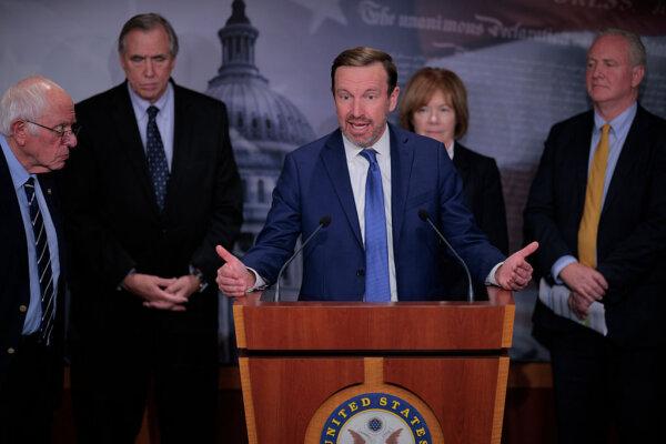 Sen. Chris Murphy (D-Conn.) speaks during a news conference with (L–R) Sens. Bernie Sanders (I-Vt.), Jeff Merkley (D-Ore.), Tina Smith (D-Minn.), and Chris Van Hollen (D-Md.) on the 29th day of the federal government shutdown at the U.S. Capitol on October 29, 2025. (Chip Somodevilla/Getty Images)