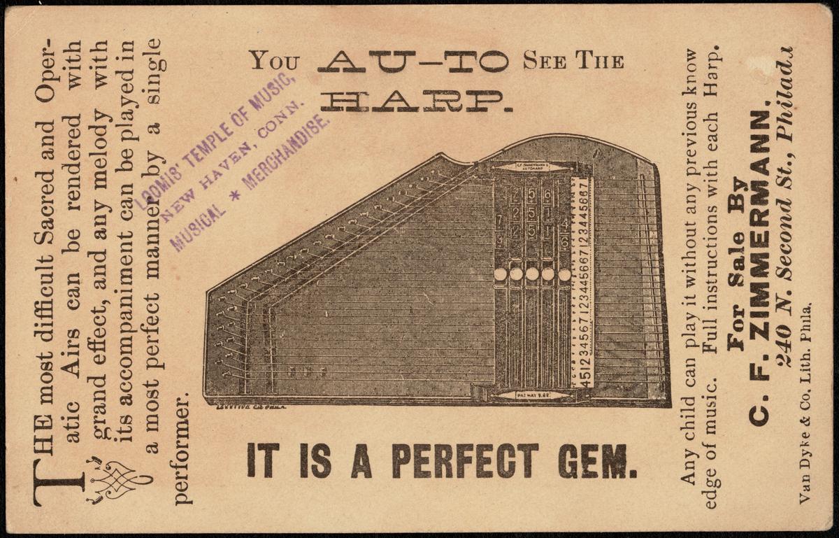 A promotional postcard about C. F. Zimmermann's autoharp, circa 1870–1900. Boston Public Library. (Public Domain)