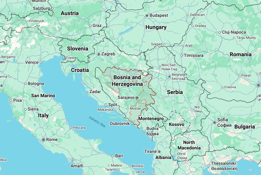 A map showing the boundaries of the federal state of Bosnia and Herzegovina and its neighboring countries. (Google Maps/Screenshot via The Epoch Times)