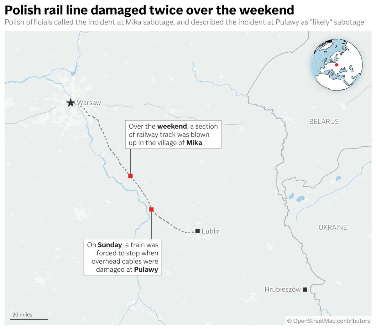 The location of multiple incidents of suspected sabotage on a Polish railway line. (AP)