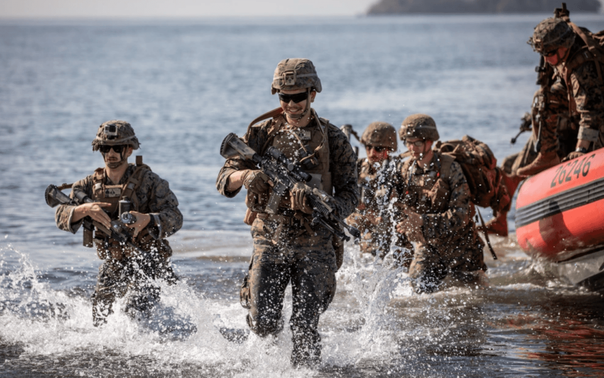 U.S. Marines conduct an amphibious assault exercise during the multi-domain, combined full mission profile of TRADEWINDS 25 (TW25) at Chaguaramas, Trinidad and Tobago, May 7, 2025. (U.S. Army photo by Sgt. John Russell)