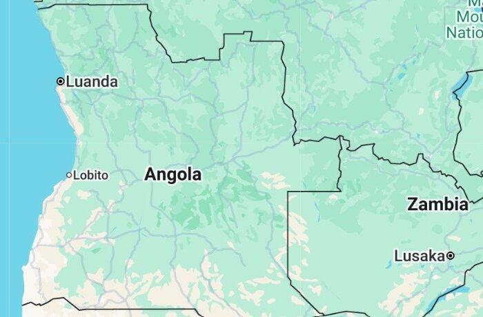 A map showing Angola—and the port of Lobito—and its neighbors Zambia and the Democratic Republic of Congo. (Google Maps/Screenshot via The Epoch Times)