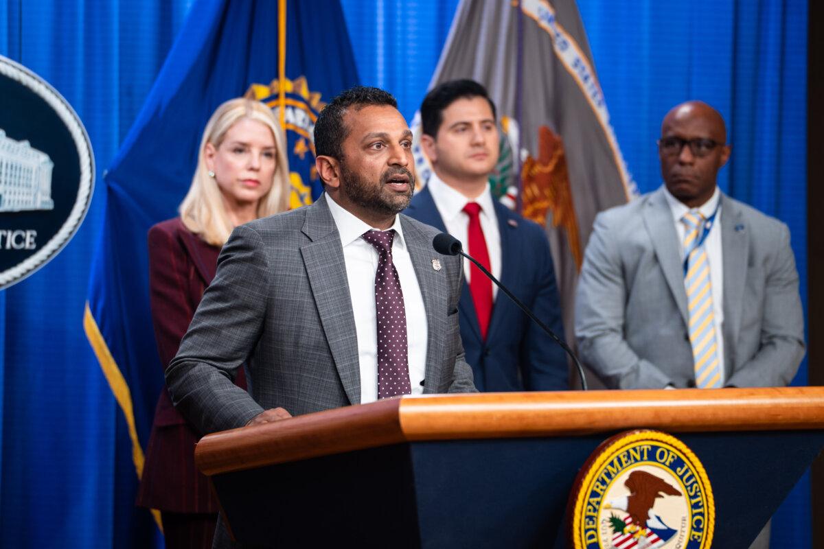 FBI Director Kash Patel speaks during a news conference at the U.S. Department of Justice in Washington on Nov. 19, 2025. (Madalina Kilroy/The Epoch Times)