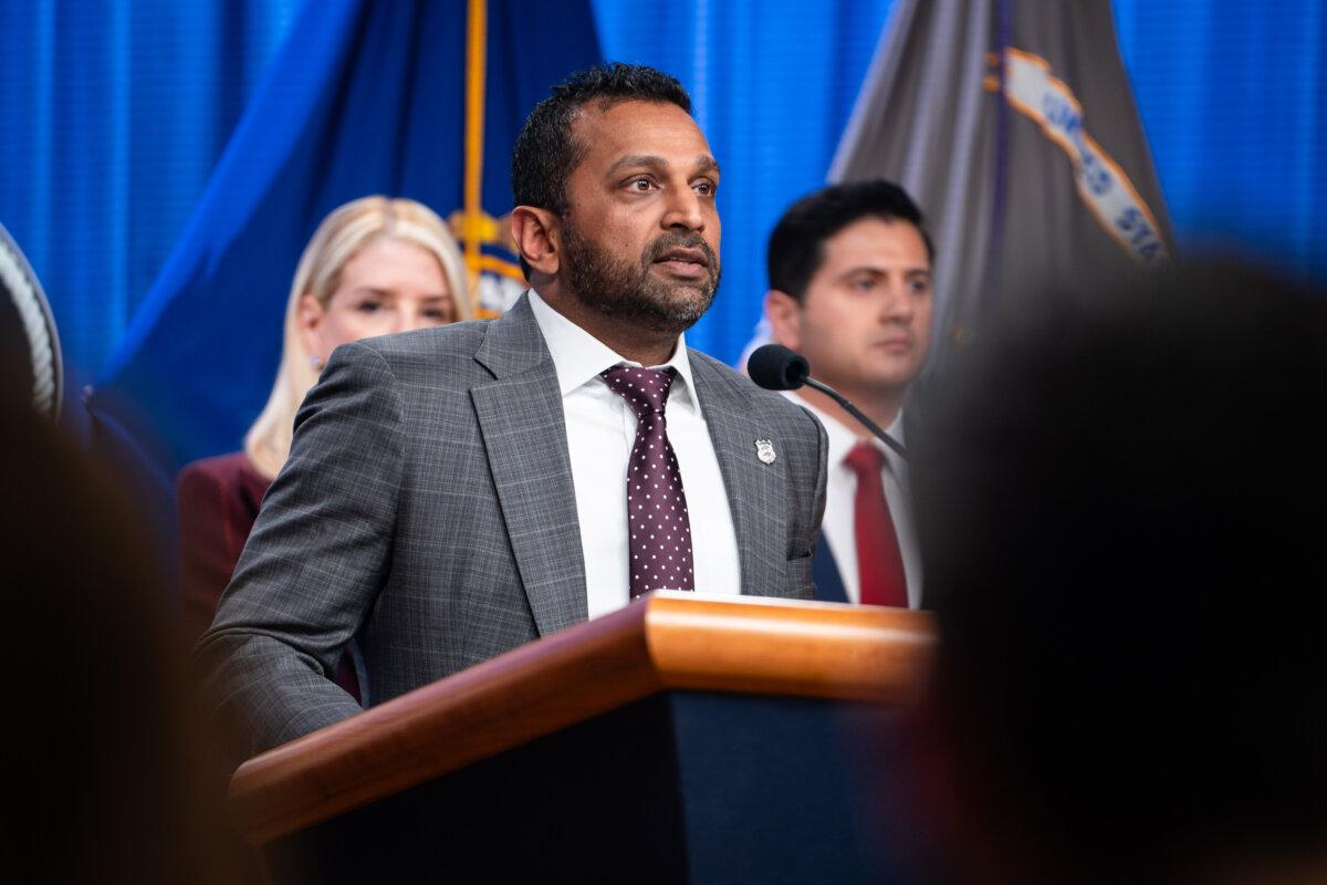 FBI Director Kash Patel speaks during a news conference at the Department of Justice in Washington on Nov. 19, 2025. (Madalina Kilroy/The Epoch Times)