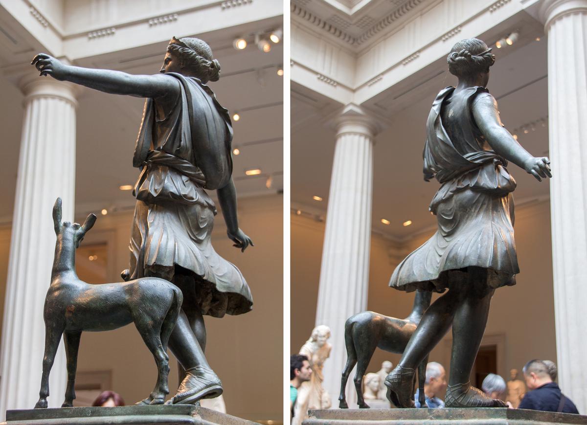 Alternate perspectives of the bronze statue of "Artemis and a Deer" at the Metropolitan Museum of Art in New York City. (<a href="https://commons.wikimedia.org/wiki/User:Mike_Peel">Mike Peel</a>/<a href="https://creativecommons.org/licenses/by-sa/4.0/deed.en" target="_blank" rel="nofollow noopener">CC BY-SA 4.0</a>)