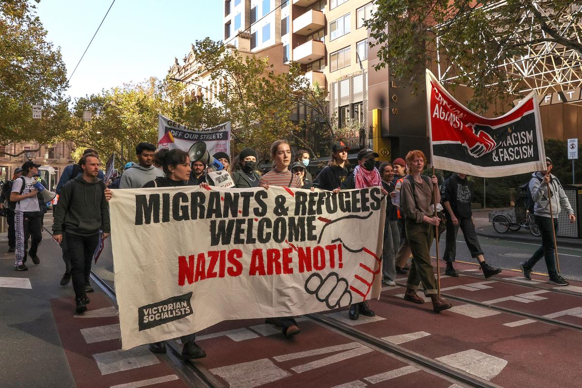 Far-left groups, the Victorian Socialists and the Campaign Against Racism and Fascism, mobilise to counteract a Stop Immigration Rally organised by neo-Nazis outside of Parliament House in Melbourne, Australia on May 13, 2023. (Martin Keep/AFP via Getty Images)