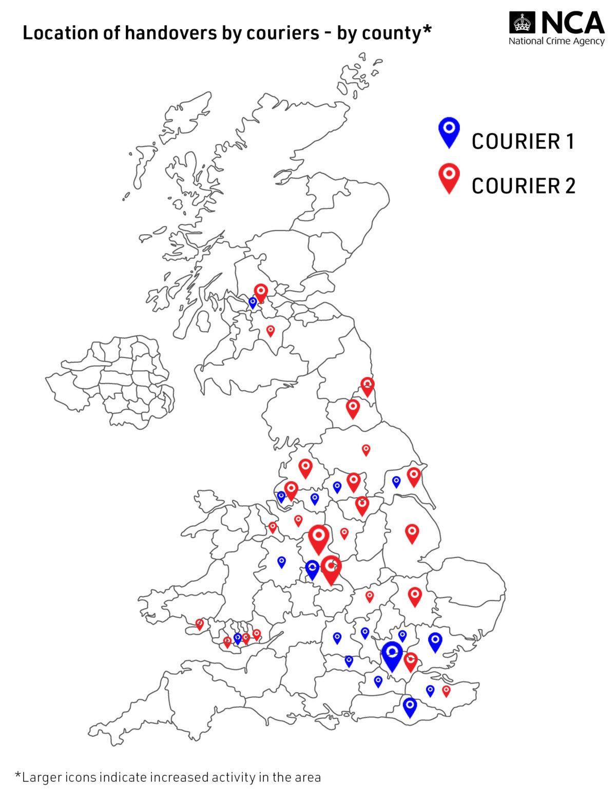 A map showing the locations where couriers acting for a Russian money laundering network picked up cash in England, Scotland, and Wales. (UK National Crime Agency)