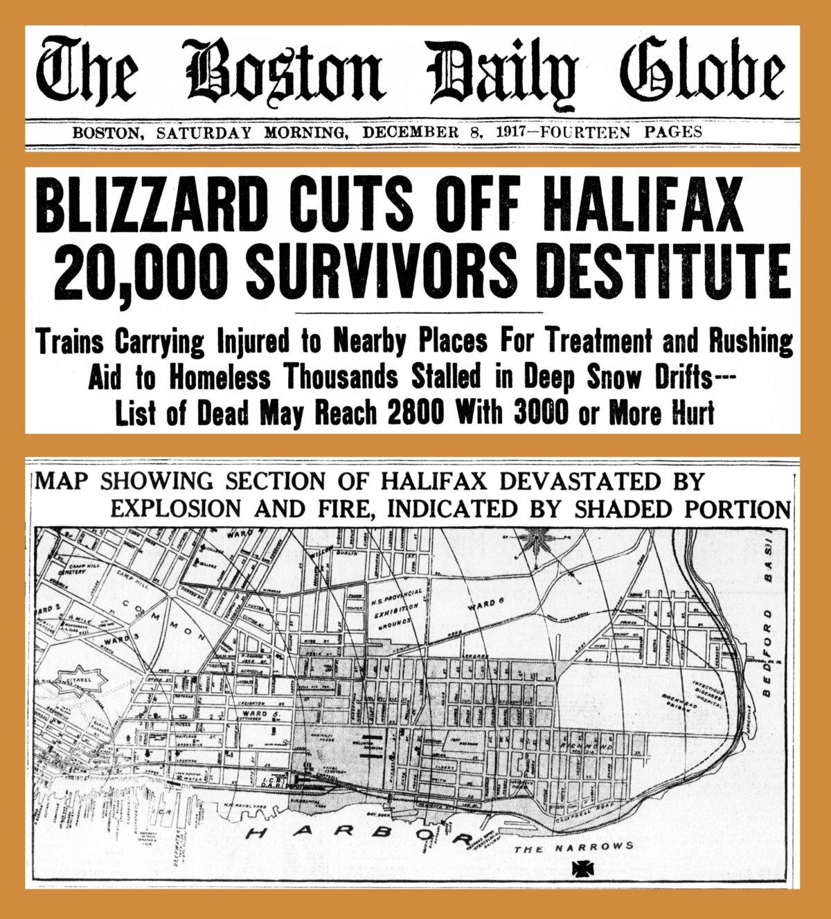 The explosion devastated a large portion of Halifax (shown) and part of Dartmouth (off bottom of map). The Boston Daily Globe, Dec. 8, 1917. (Public Domain)