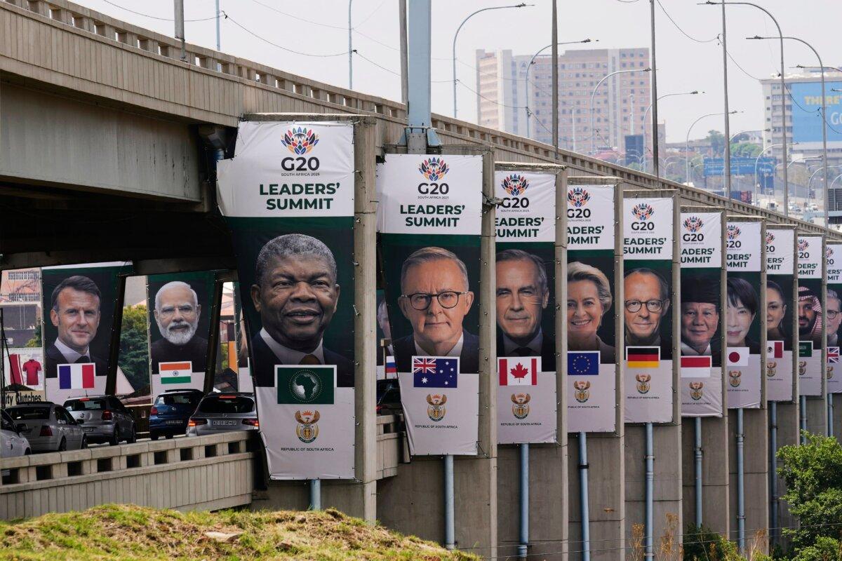 Banners of various G20 leaders are displayed along a freeway in Johannesburg on Nov. 20, 2025. (AP Photo/Themba Hadebe)