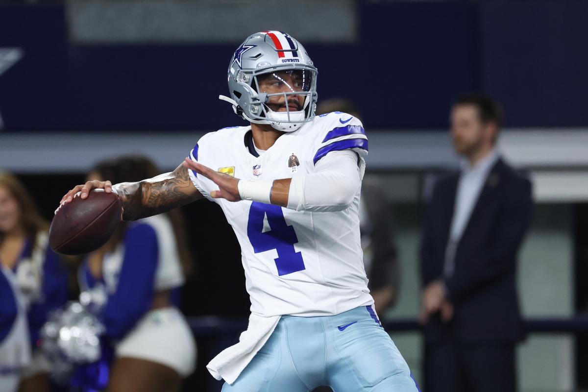 Dak Prescott #4 of the Dallas Cowboys warms up prior to facing the Arizona Cardinals at AT&T Stadium in Arlington, Texas, on Nov. 3, 2025. (Sam Hodde/Getty Images)