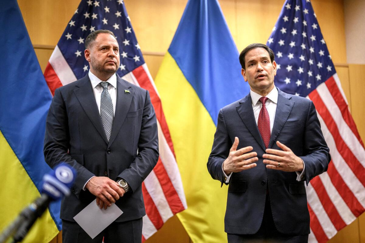 U.S. Secretary of State Marco Rubio (R) and Ukrainian Presidential Office Chief of Staff Andriy Yermak (L) hold a press conference following their closed-door talks on a U.S. plan to end the war in Ukraine at the U.S. Mission in Geneva on Nov. 23, 2025. (Fabrice Coffrini/AFP via Getty Images)