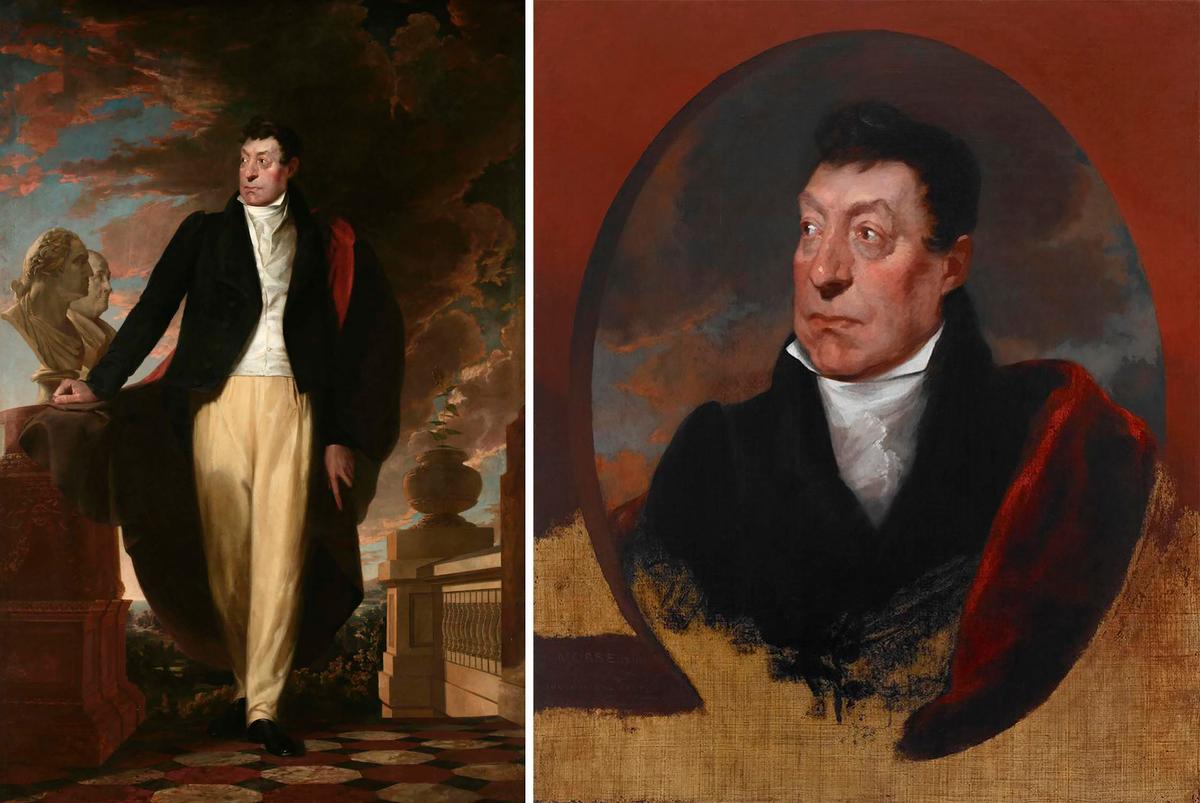 (L) Full-length portrait of Marquis de Lafayette, 1826, by Samuel F. B. Morse. Oil on canvas. City Hall Portrait Collection, New York City. (R) Portrait of Marquis de Lafayette, 1825, by Samuel F. B. Morse. Oil on canvas; 29 7/10 inches by 24 7/10 inches. Crystal Bridges Museum of American Art, Arkansas. (Public Domain)