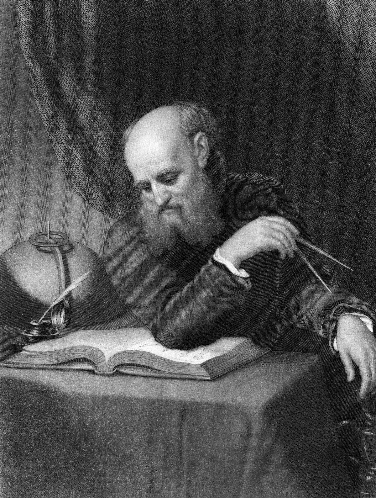 Engraved portrait of Italian physicist and astronomer Galilei Galileo (1564 -1642) sitting at desk and reading book. (Photo by Kean Collection/Getty Images)