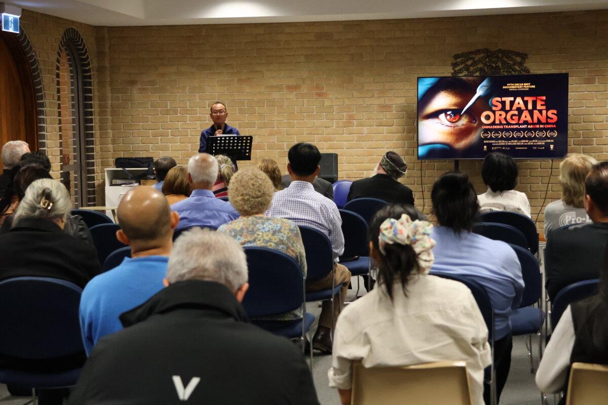 Samuel Liu addresses the audience after the screening of the State Organs documentary at Holy Family Catholic Church in Sydney, Australia on Nov. 22 2025. (Courtesy of NTD)