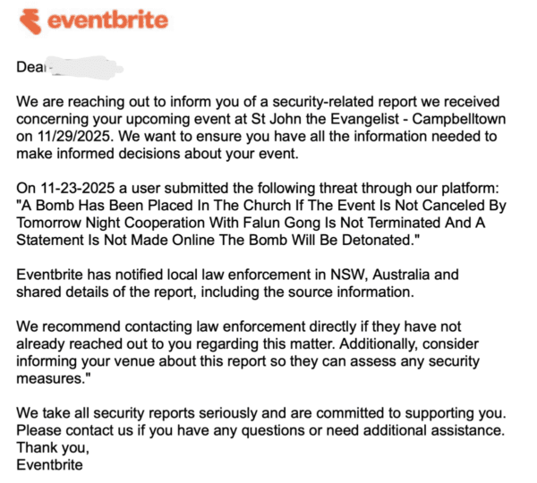 Eventbrite’s email to the event admin about the bomb threat on Nov. 25, 2025. (Courtesy of organisers)