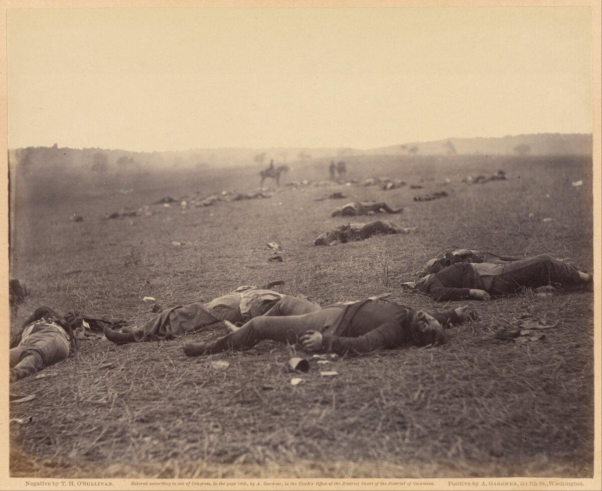 A Harvest of Death: Union dead on the battlefield at Gettysburg, Pennsylvania, photographed July 5–6, 1863 by Timothy O’Sullivan. (Public Domain)