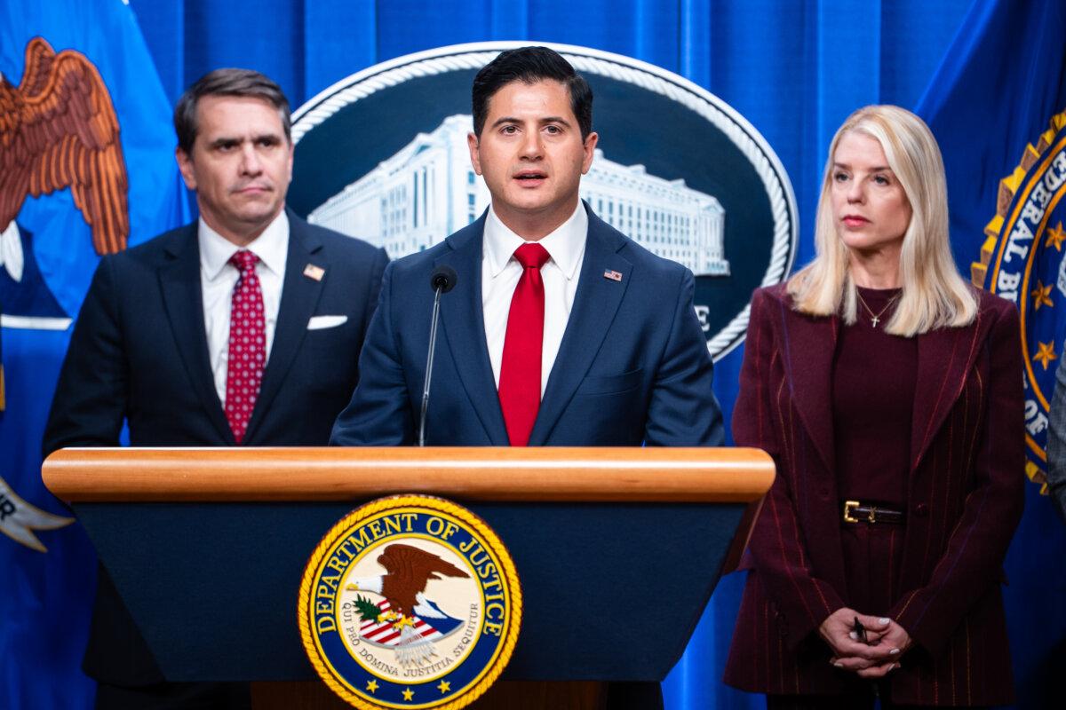 Central District of California First Assistant U.S. Attorney Bill Essayli at a press conference at the Department of Justice in Washington on Nov. 19, 2025. (Madalina Kilroy/The Epoch Times)