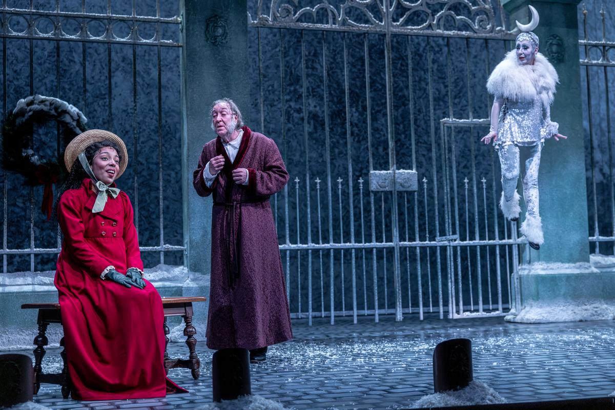 (L–R) Sol Fuller, Christopher Donahue, and Lucky Stiff in "A Christmas Carol." (Brett Beiner)