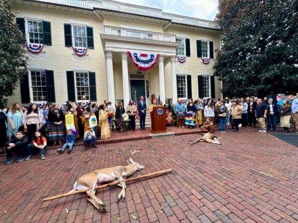 Gov. Glenn Youngkin participates in the ceremony commemorating the Treaty of Middle Plantation at the Governor's Mansion on Nov. 26, 2025, in Richmond, Va. (Arjun Singh/The Epoch Times)