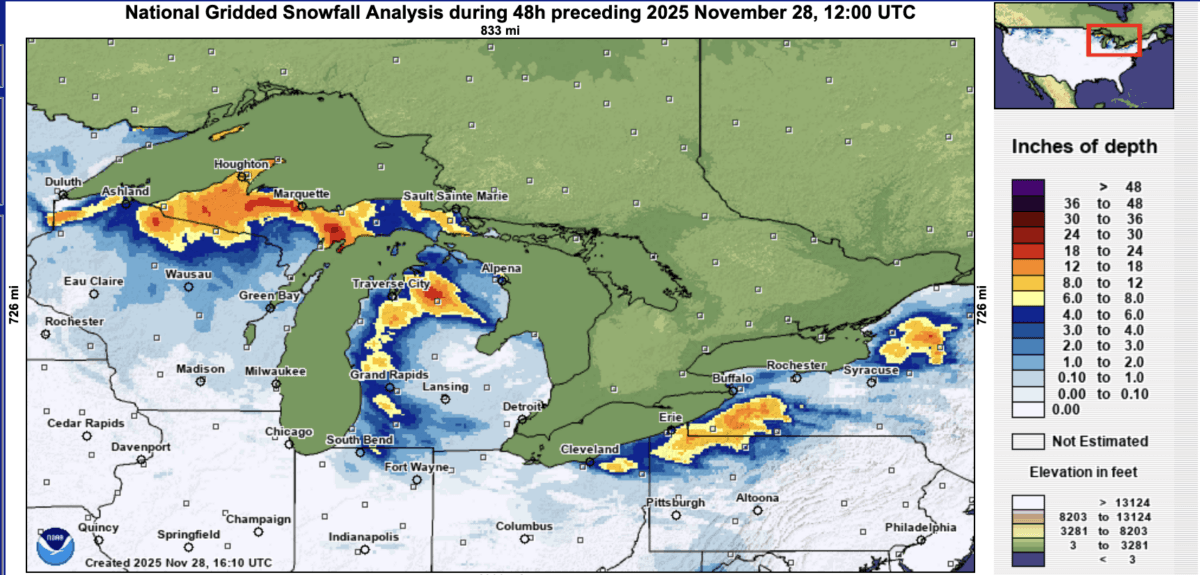 Snowfall analysis of the Great Lakes Region from Nov. 26, 2025, through Nov. 28, 2025. (National Operational Hydrologic Remote Sensing Center).