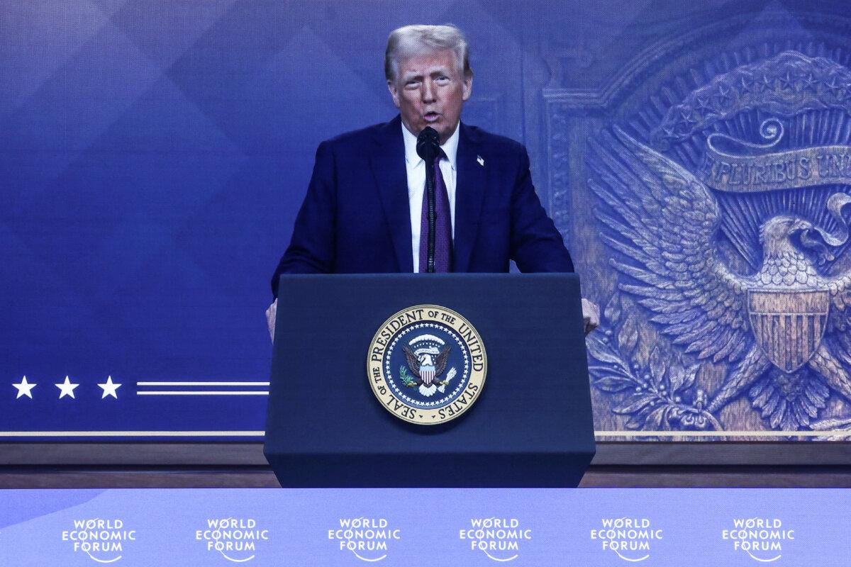 U.S. President Donald Trump makes a special address remotely during the 55th annual World Economic Forum meeting in Davos, Switzerland, on Jan. 23, 2025. (Yves Herman/Reuters)