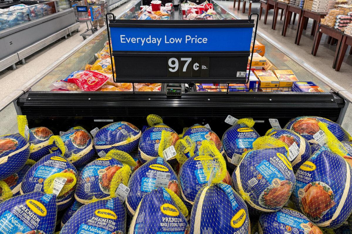 Butterball frozen turkey, part of Walmart's basket of Thanksgiving goods, is displayed for sale at a store in Valley Stream, New York state, on Nov. 6, 2025. (Kylie Cooper/Reuters)
