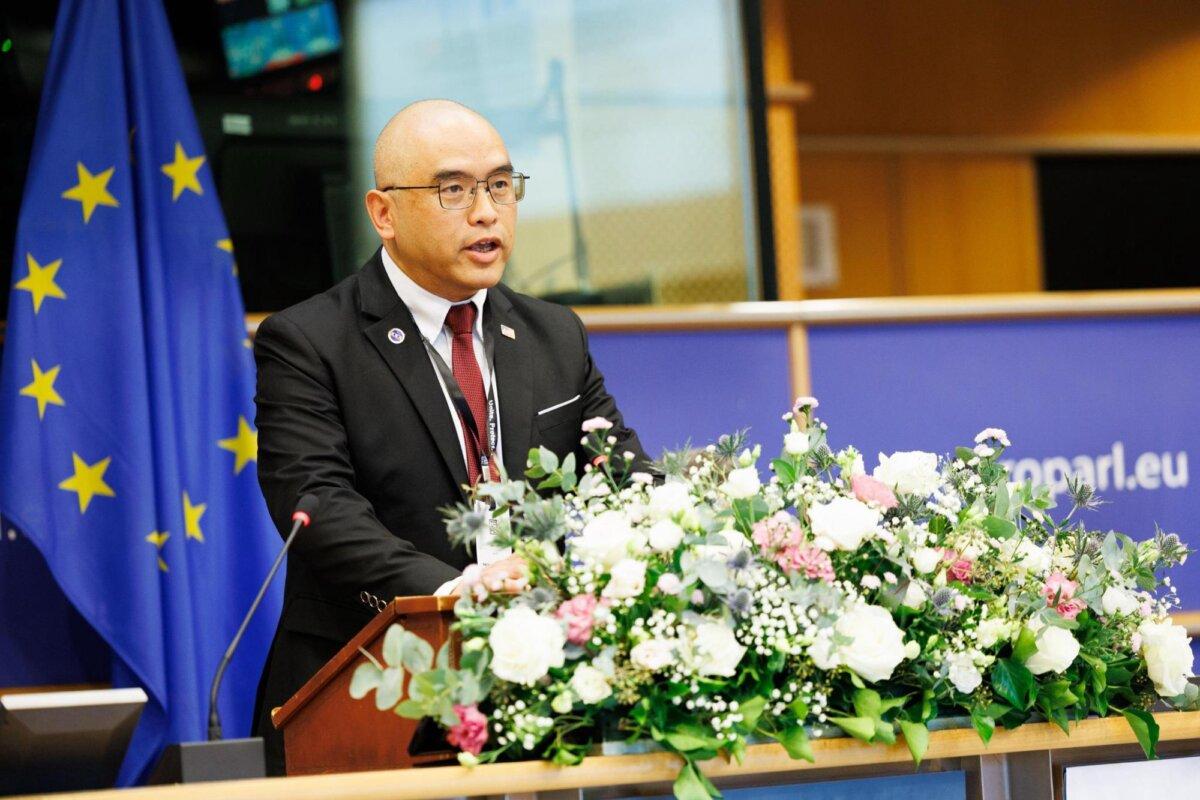 Sean Lin, executive director of the Consilium Institute, speaks at the fifth annual summit of the Inter-Parliamentary Alliance on China in Brussels on Nov. 7, 2025. (Courtesy of Inter-Parliamentary Alliance on China)
