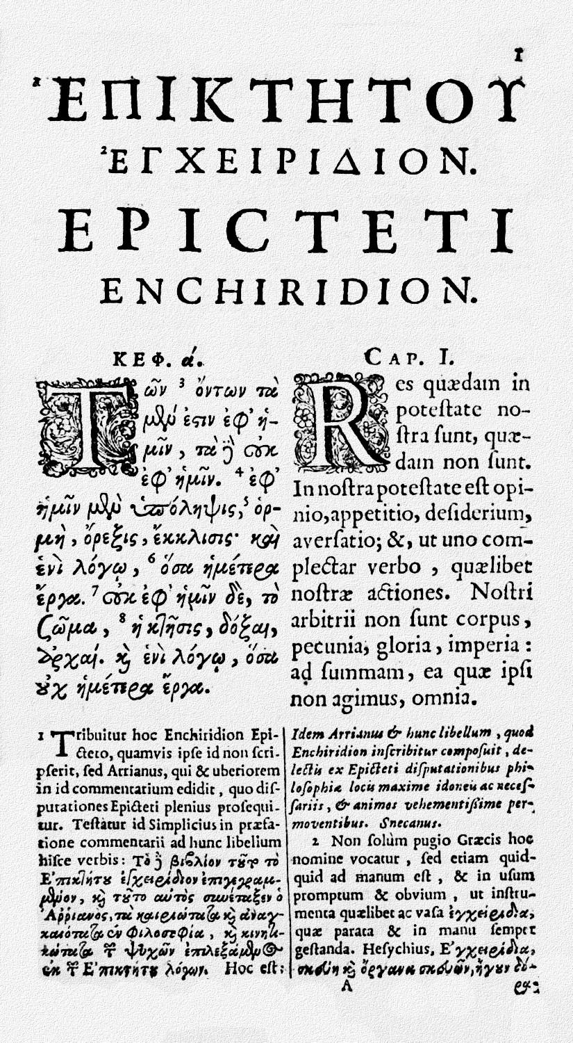 The first page of Epictetus’s “Handbook,” from the 1683 edition in Greek and Latin by Abraham van Berkel. (Public Domain)