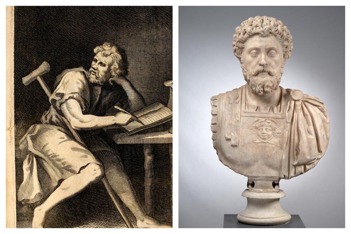 An artist’s impression of the Roman philosopher Epictetus. An engraving from a frontispiece of Edward Ivie’s 1715 Latin translation of Epictetus’s “Handbook.” (Right) A bust of the Roman emperor Marcus Aurelius. Although born at the extreme opposite of the social hierarchy, Marcus Aurelius credited Epictetus extensively as his intellectual mentor. (<a href="https://en.wikipedia.org/wiki/Marcus_Aurelius#/media/File:MSR-ra-61-b-1-DM.jpg">Daniel Martin/CC BY-SA 4.0</a>)