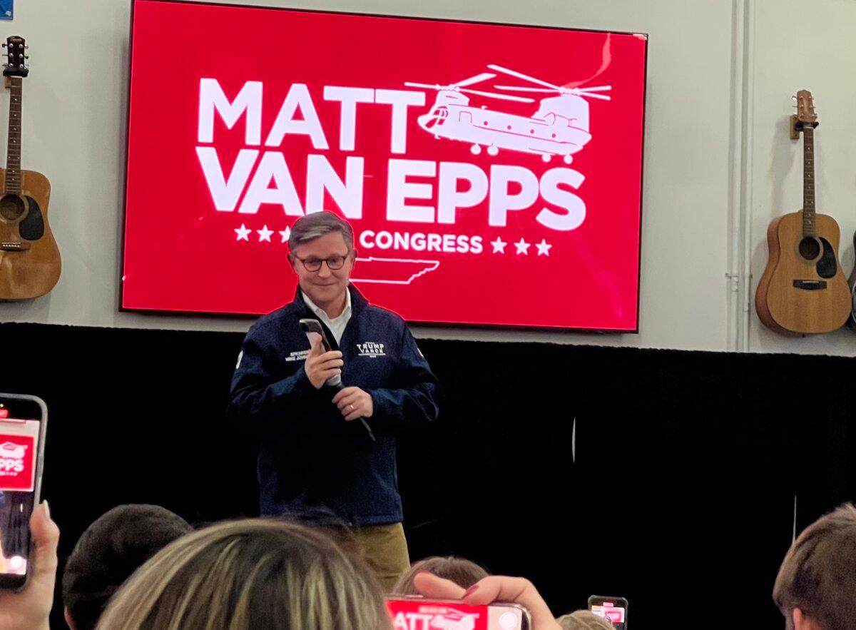 Speaker of the House Mike Johnson (R-La.) called President Donald Trump while at a rally for Matt Van Epps on Dec. 1, 2025. (Jacki Thrapp/The Epoch Times)