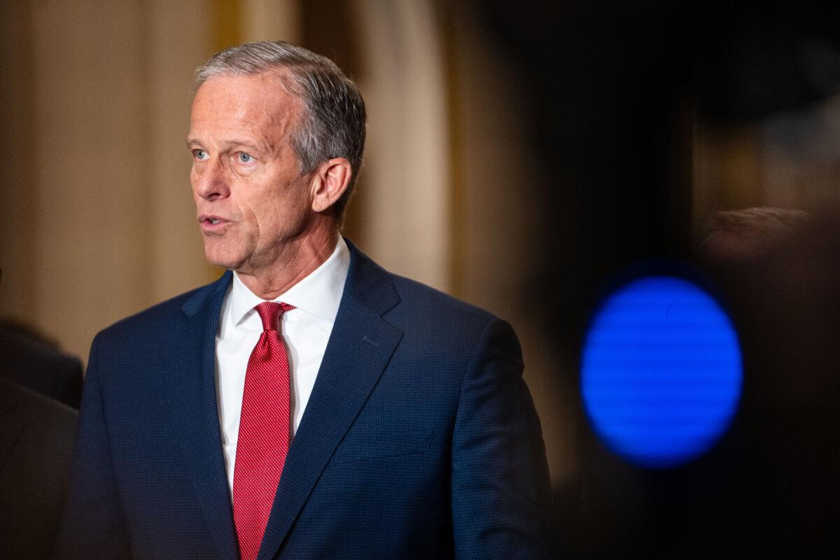 Senate Majority Leader John Thune (R-S.D.) speaks during the weekly news conference on Capitol Hill on Dec. 2, 2025. (Madalina Kilroy/The Epoch Times)