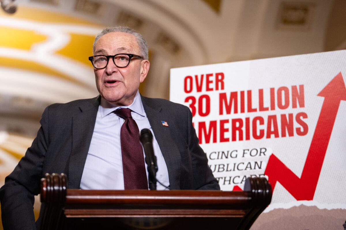 Senate Minority Leader Chuck Schumer (D-N.Y.) speaks during a weekly news conference on Capitol Hill in Washington on Dec. 2, 2025. (Madalina Kilroy/The Epoch Times)