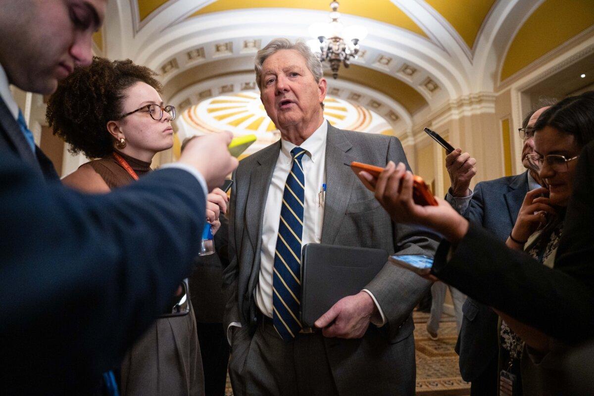 Sen. John Kennedy (R-La.) speaks to reporters on Capitol Hill in Washington on Dec. 2, 2025. (Madalina Kilroy/The Epoch Times)