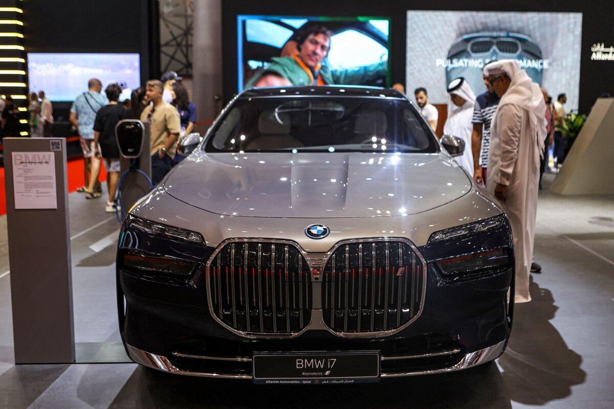 A BMW i7 car is displayed at the Geneva International Motor Show in Doha, Qatar, on Oct. 7, 2024. (Karim Jaafar/AFP via Getty Images)