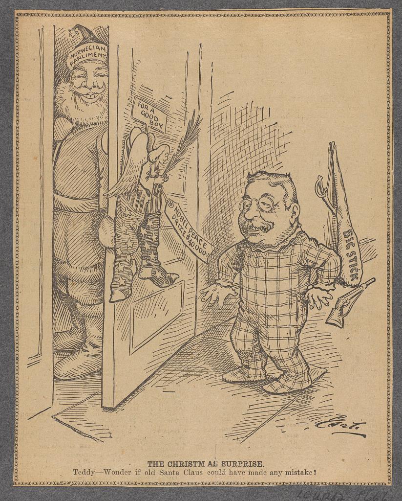 Newspaper clipping of a cartoon showing the Norwegian Parliament dressed as Santa Claus delivering the Nobel Peace Prize in a Christmas stocking to Theodore Roosevelt in a child's body; with "big stick," sword, and rifle in the background. Library of Congress. (Public Domain)