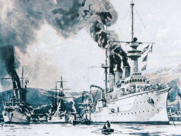 Engraving by the German Willy Stöwer depicting the blockade of Venezuelan ports in 1902. (Public Domain)