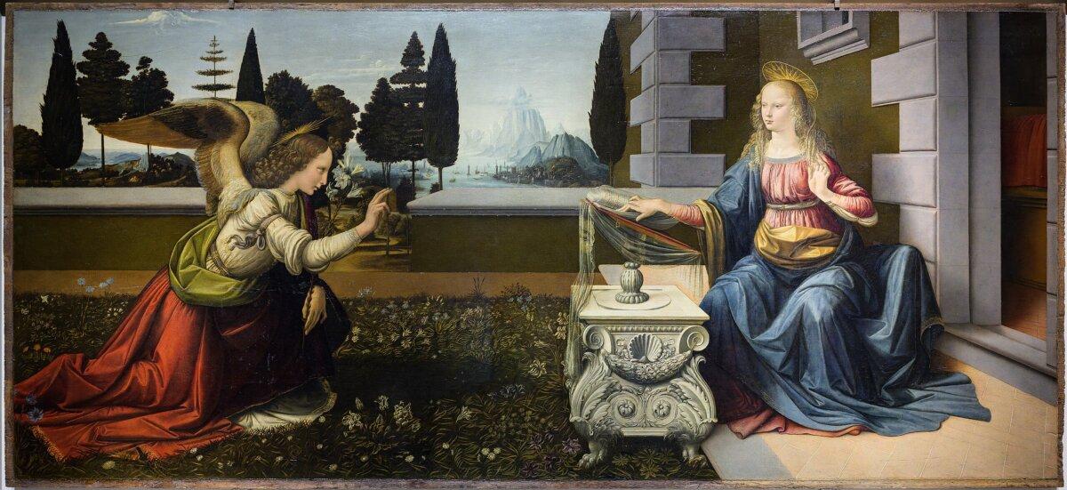 “The Annunciation,” circa 1472, by Leonardo da Vinci. Oil on panel; 3 feet 3 5/8 inches by 7 feet 1 3/8 inches. Uffizi Galleries, Florence, Italy. (Justin Benttinen/CC BY-SA 4.0)