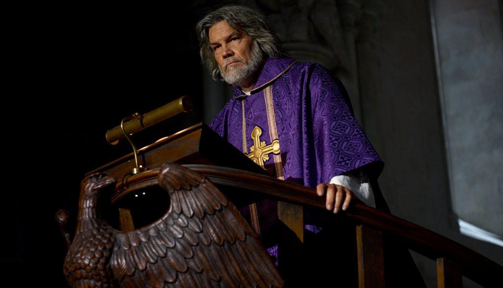 Msgr. Wicks (Josh Brolin), in "Wake Up Dead Man: A Knives Out Mystery." (John Wilson/Netflix)