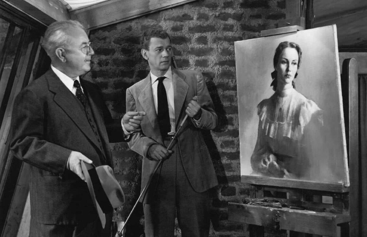 Matthews (Cecil Kellaway, L) and Eben Adams (Joeseph Cotten) look at the portrait, in "Portrait of Jennie." (Vanguard Films)