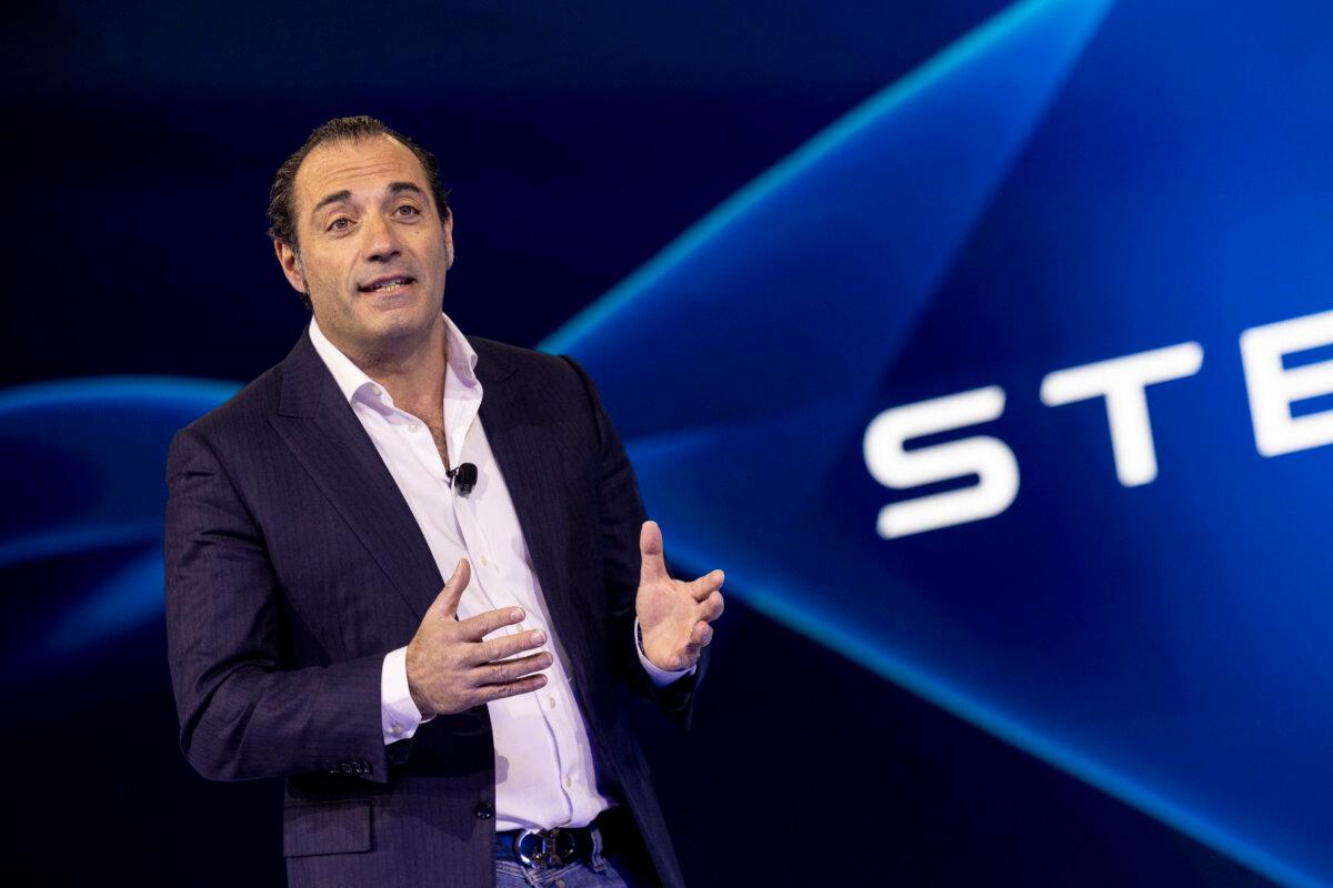 CEO Antonio Filosa speaks during the Stellantis press conference at the Automobility LA 2024 show in Los Angeles on Nov. 21, 2024. (Etienne Laurent/AFP via Getty Images)