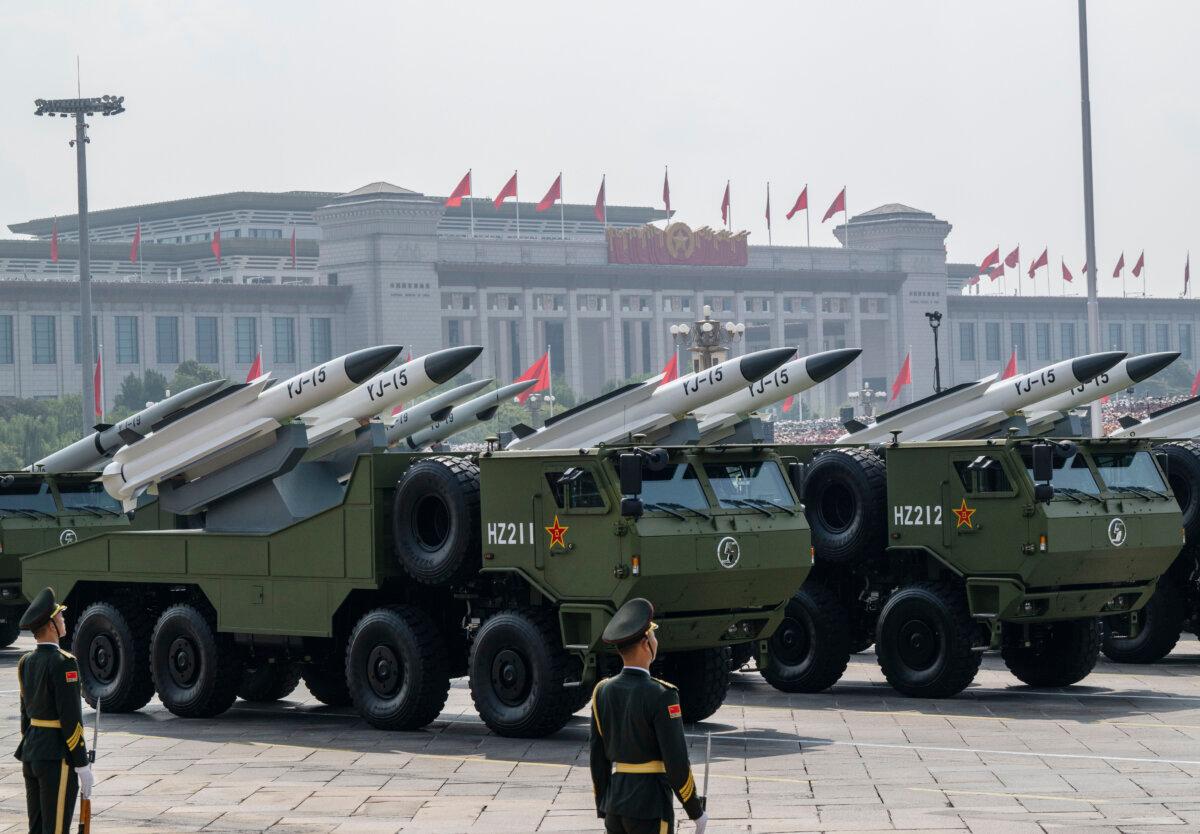 Chinese missile launchers during a military parade marking the 80th anniversary of victory over Japan and the end of World War II, in Tiananmen Square in Beijing on Sept. 3, 2025. (Kevin Frayer/Getty Images)
