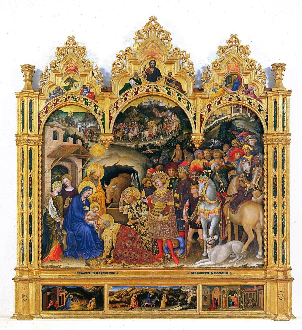 “Adoration of the Magi,” 1423, by Gentile da Fabriano. Tempera on wood; 9 feet 10 3/4 inches by 9 feet 3 3/8 inches. Uffizi Galleries, Florence, Italy. (Public Domain)